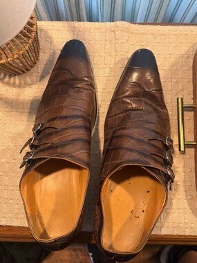 Brown Croc-Embossed Double Monk Strap Slip-On Loafers